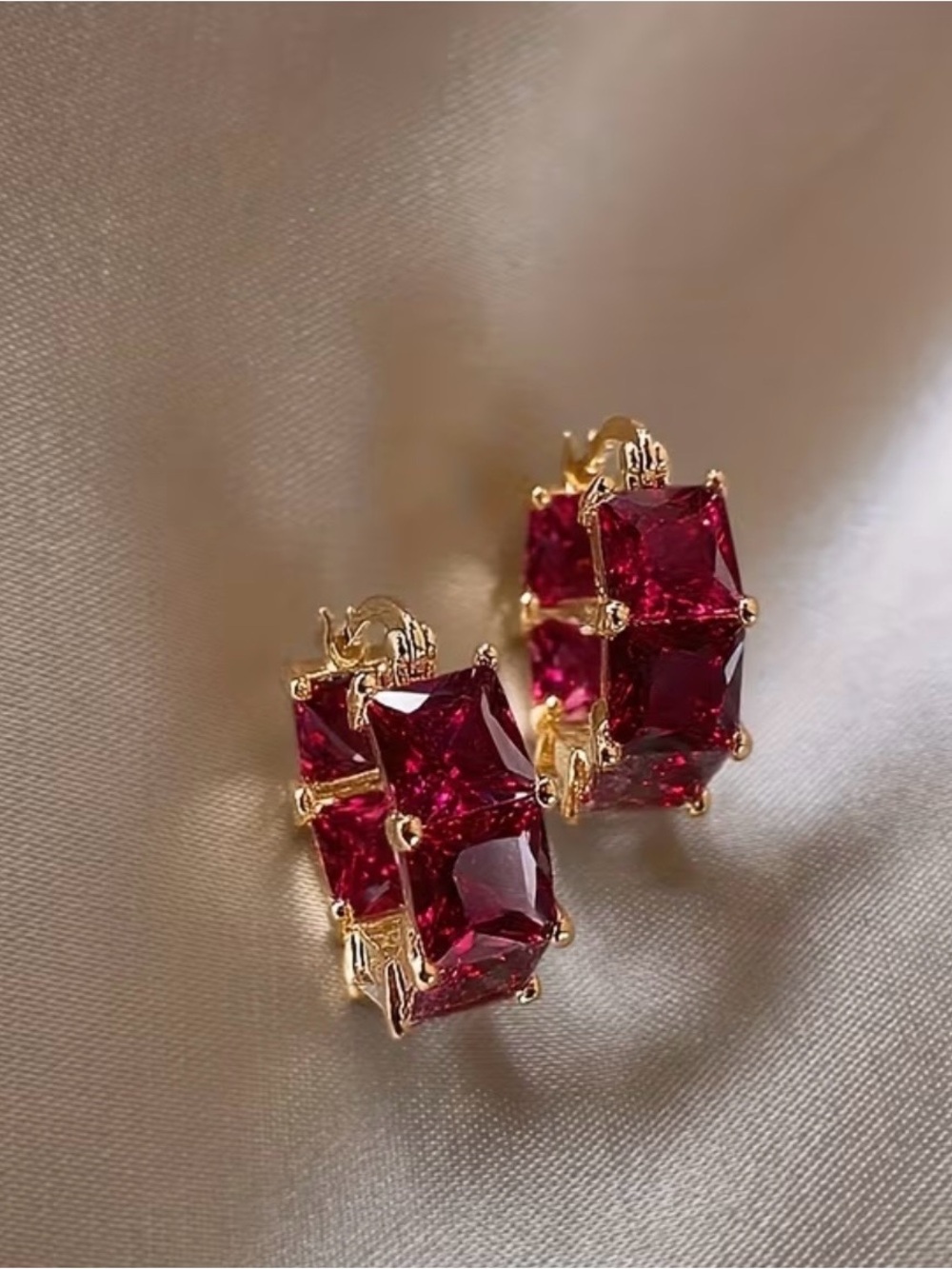 Gold Hoop Earrings with Vibrant Ruby Red Crystal Stones